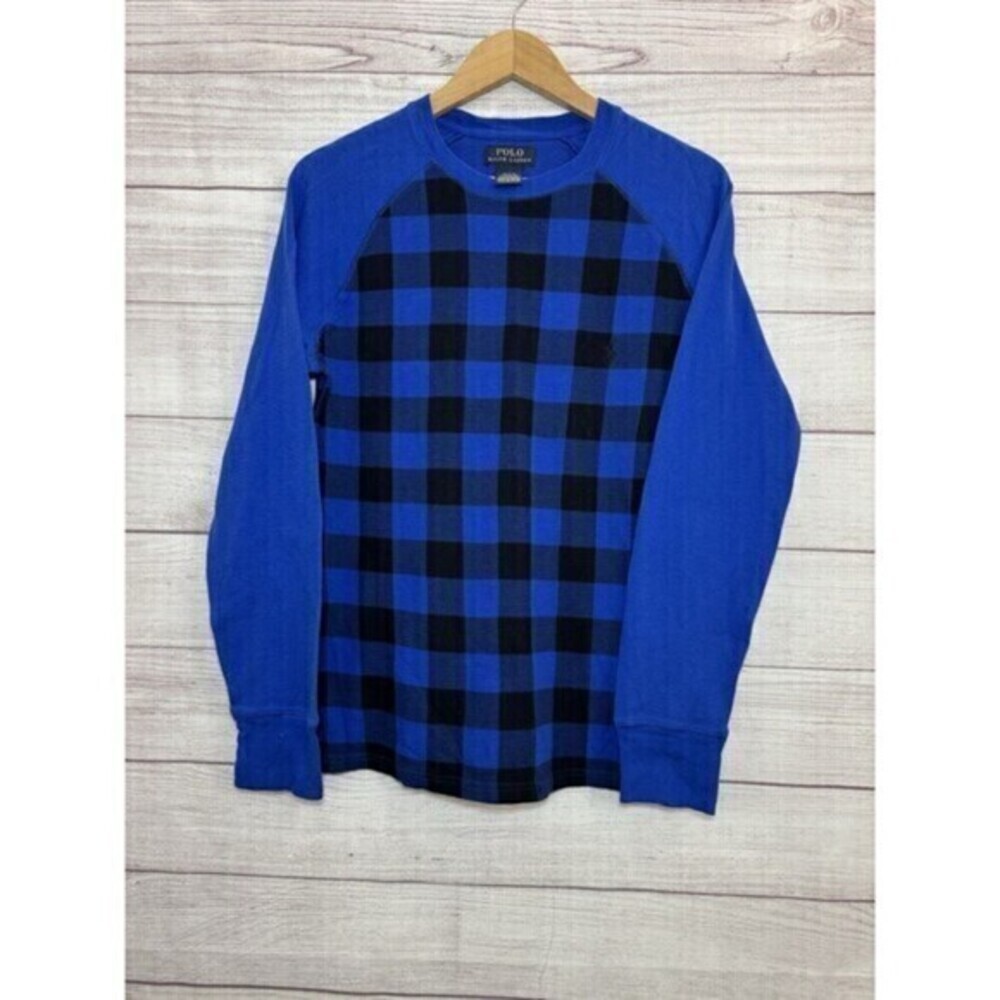 Polo Ralph Lauren Shirt Men's Buffalo Plaid Blue Black Waffle Knit Thermal SZ M